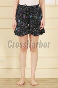 Ladies Black Starry Night Print Rayon Frill Shorts