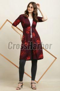 Ladies Marron Flower Print Stylish Rayon Long Shrug