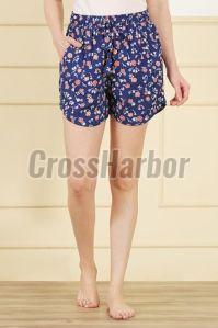Ladies Navy Blue Multi Floral Print Rayon Regular Shorts