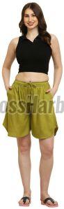 Ladies Olive Green Plain Rayon Shorts