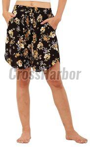 Ladies Yellow White Flower Print Rayon Culotte Shorts