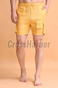 Mens Mustard Yellow Linen Cargo Shorts