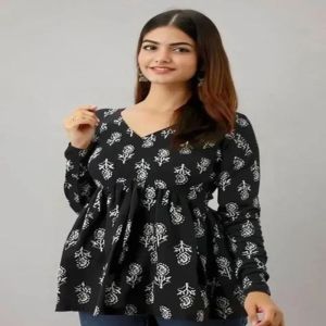 Ladies Black Cotton Printed Short Kurti