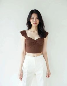 Ladies Brown Solid Twist Ruffle Crop Top