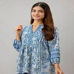 Ladies Cotton Printed Blue Short Kurti