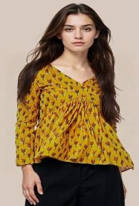 Ladies Mustard Cotton Printed Short Kurti