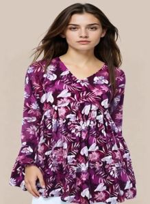 Ladies Purple Cotton Printed Short Kurti