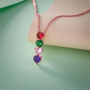 Ladies Rose Gold Plated Four Heart Gemstone Pendant With Chain