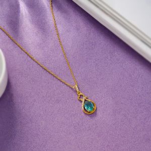 Ladies Aqua Green Crimson Teardrop Gold Plated Pendant With Chain