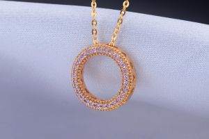 Ladies Circle Cubic Zirconia Gold Plated Pendant With Chain