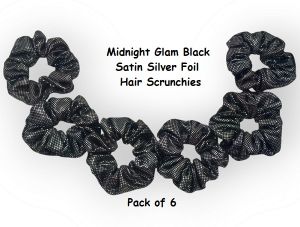 Midnight Glam Black Satin Silver Foil Scrunchies-RB-94-B