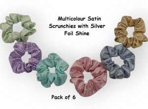 Multicolour Satin Scrunchies with Silver Foil Shine-RB-94-Dark