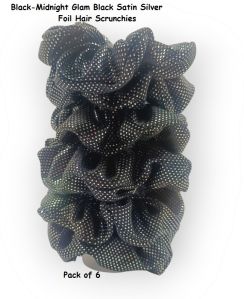 Midnight Glam Black Satin Silver Foil Scrunchies-RB-94-B