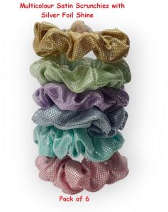 Multicolour Satin Scrunchies with Silver Foil Shine-RB-94-Dark