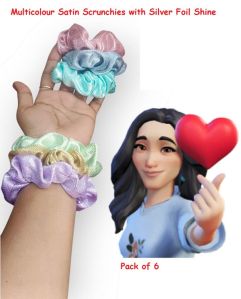Multicolour Satin Scrunchies with Silver Foil Shine-RB-94-Dark