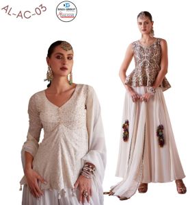 Off White Embroidered Georgette Sharara Set