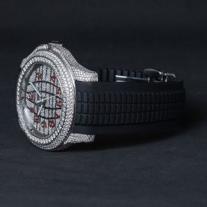 Iced Out Patek Philippe Moissanite Watch With Black Rubber Strap