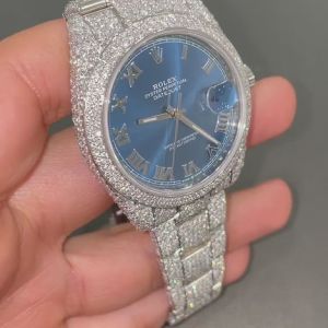 Rolex Datejust Blue Dial Fully Iced Out Moissanite Diamond Watch