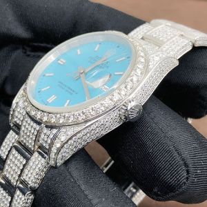Rolex Sky Blue Dial Iced Out Moissanite Diamond Watch