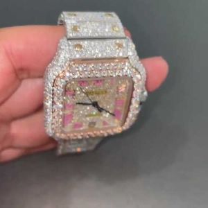 Cartier Santos Fully Iced Out Pink Roman Dial Moissanite Diamond Watch