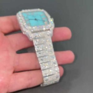 Cartier Santos Luxury Sky Blue Iced Out Moissanite Diamond Watch