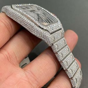 Cartier Santos Luxury Roman Dial Fully Iced Out Moissanite Diamond Watch