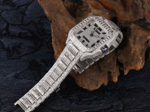 Cartier Santos Black Roman Dial Fully Iced Out Moissanite Diamond Watch