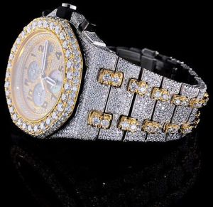 Fully Iced Out Audemars Piguet Round Golden Dial Moissanite Diamond Watch