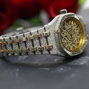 Silver and Golden Audemars Piguet Round Iced Out Moissanite Watch