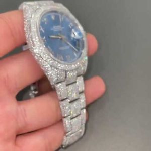 Rolex Datejust Blue Dial Fully Iced Out Moissanite Diamond Watch