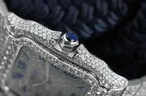 Cartier Santos Blue Roman Dial Fully Iced Out Moissanite Diamond Watch