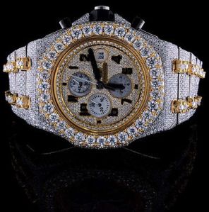 Fully Iced Out Audemars Piguet Round Golden Dial Moissanite Diamond Watch