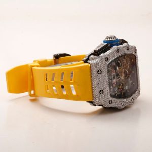 Iced Out Richard Mille Moissanite Watch With Yellow Rubber Strap