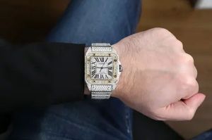 Cartier Santos Roman Dial Iced Out Moissanite Diamond Watch