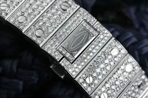 Cartier Santos Blue Roman Dial Fully Iced Out Moissanite Diamond Watch
