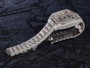 Cartier Santos Black Roman Dial Fully Iced Out Moissanite Diamond Watch