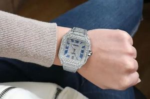 Cartier Santos Blue Roman Dial Fully Iced Out Moissanite Diamond Watch