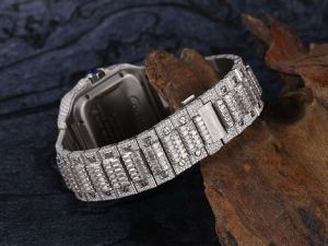 Cartier Santos Black Roman Dial Fully Iced Out Moissanite Diamond Watch