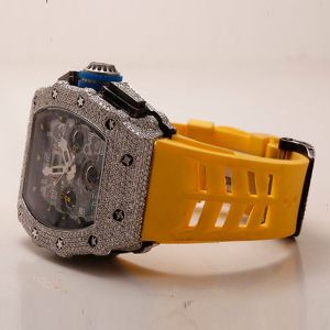 Iced Out Richard Mille Moissanite Watch With Yellow Rubber Strap