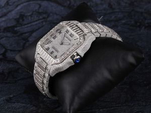 Cartier Santos Black Roman Dial Fully Iced Out Moissanite Diamond Watch