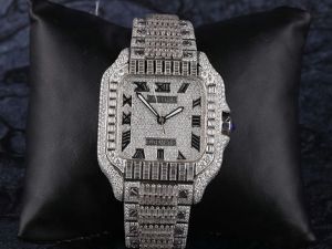 Cartier Santos Black Roman Dial Fully Iced Out Moissanite Diamond Watch