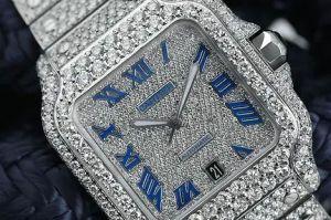 Cartier Santos Blue Roman Dial Fully Iced Out Moissanite Diamond Watch