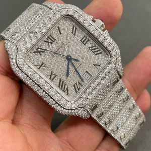 Cartier Santos Luxury Roman Dial Fully Iced Out Moissanite Diamond Watch