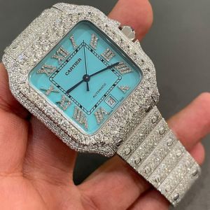 Cartier Santos Luxury Sky Blue Iced Out Moissanite Diamond Watch