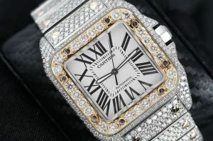 Cartier Santos Roman Dial Iced Out Moissanite Diamond Watch
