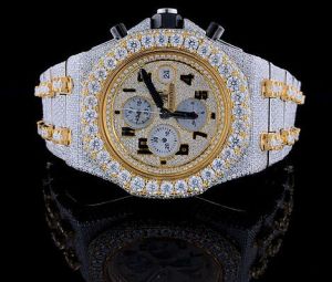 Fully Iced Out Audemars Piguet Round Golden Dial Moissanite Diamond Watch