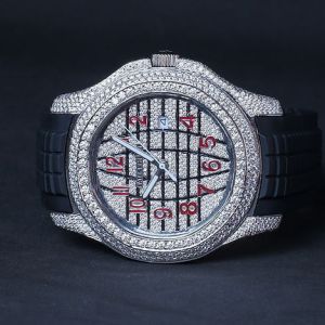 Iced Out Patek Philippe Moissanite Watch With Black Rubber Strap