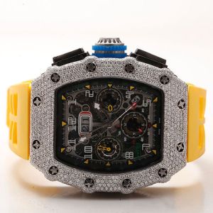 Iced Out Richard Mille Moissanite Watch With Yellow Rubber Strap
