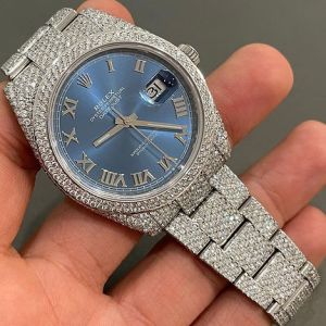 Rolex Datejust Blue Dial Fully Iced Out Moissanite Diamond Watch