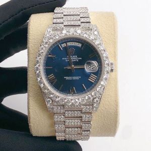 Rolex Day Date Blue Dial Fully Iced Out Moissanite Diamond Watch
